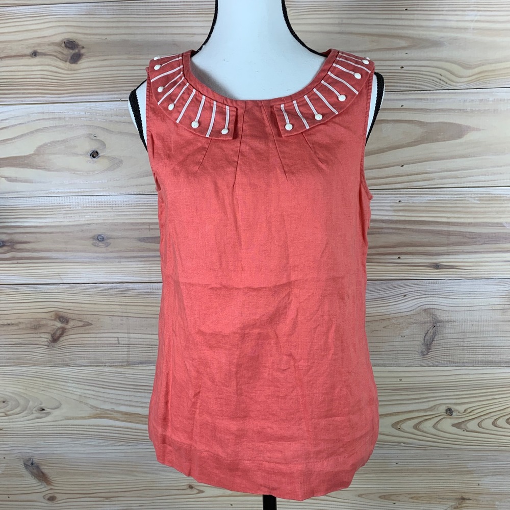 Boden Linen Top Womens 6 Coral‎ Sleeveless Peter Pan Collar Embroidered Blouse
